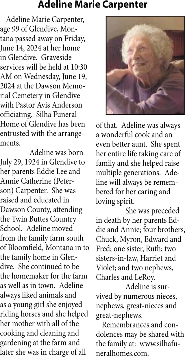 Adeline Marie Carpenter, Obituaries, Glendive, MT