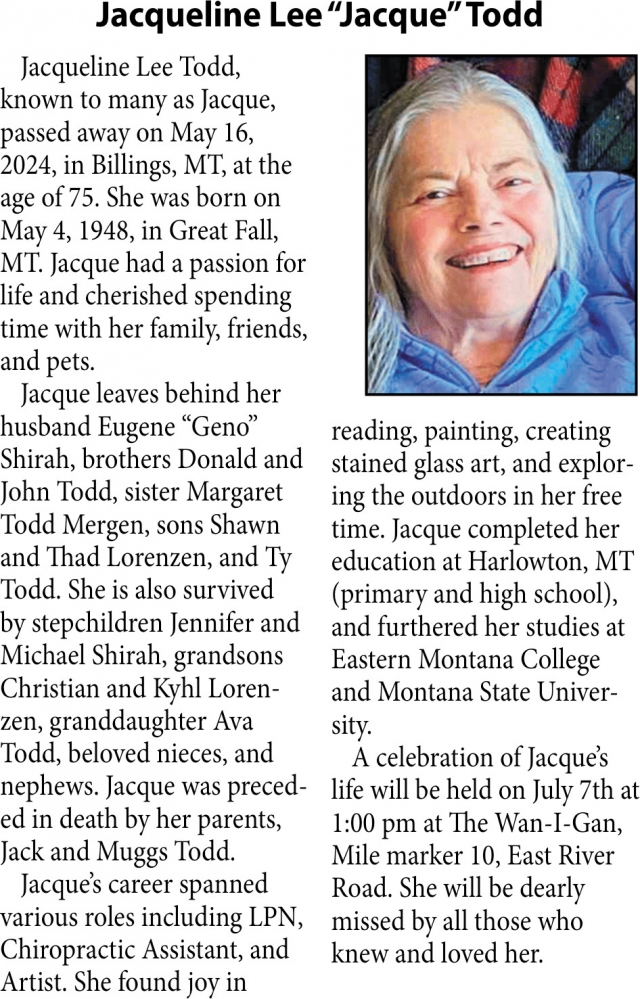 Jacqueline Lee Todd, Obituaries, Glendive, MT