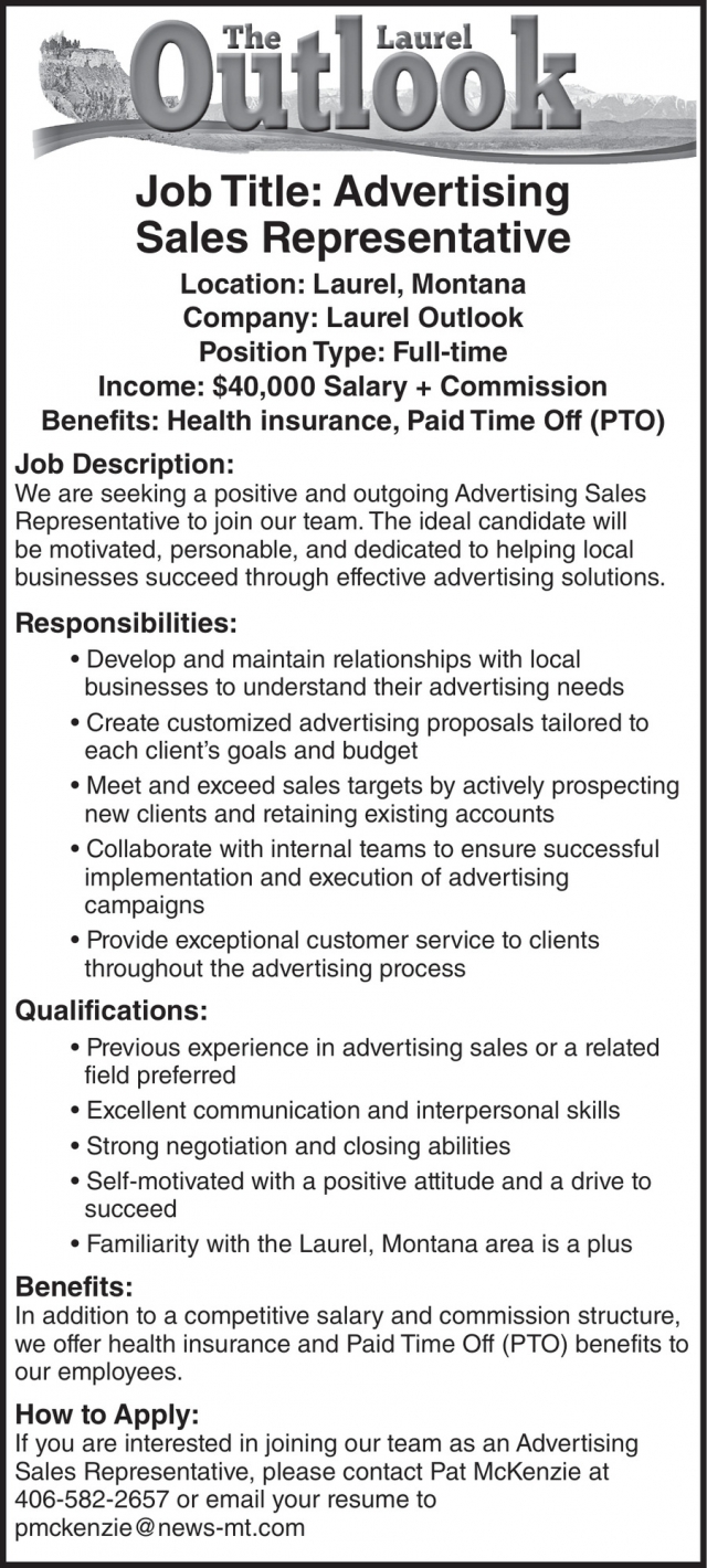 Advertising Sales Representative, The Laurel Outlook, Laurel, MT