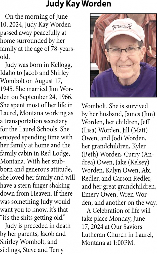 Judy Kay Worden, Obituaries, Glendive, MT