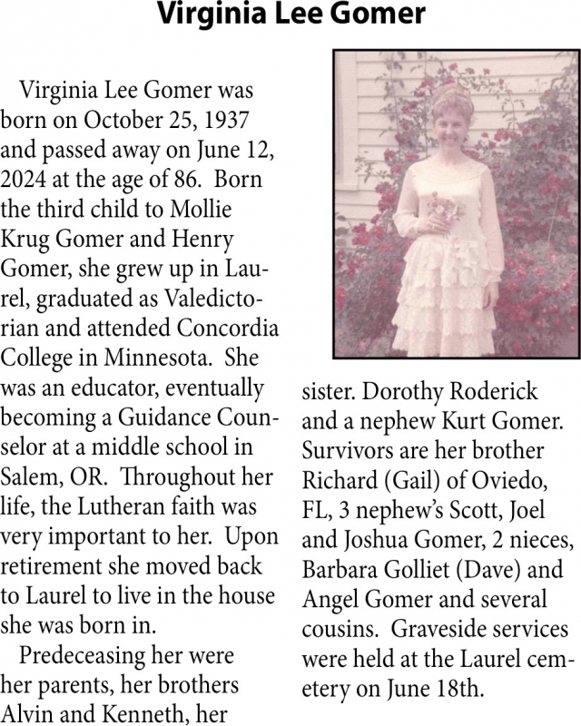 Virginia Lee Gomer, Obituaries, Glendive, MT