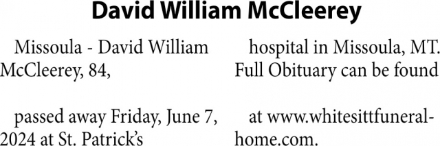 David William McCleerey, Obituaries, Glendive, MT