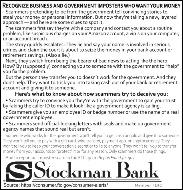 Recognize Business and Government Imposters Who Want Your Money, Stockman Bank