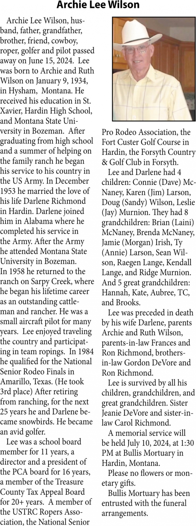 Archie Lee Wilson, Obituaries, Glendive, MT