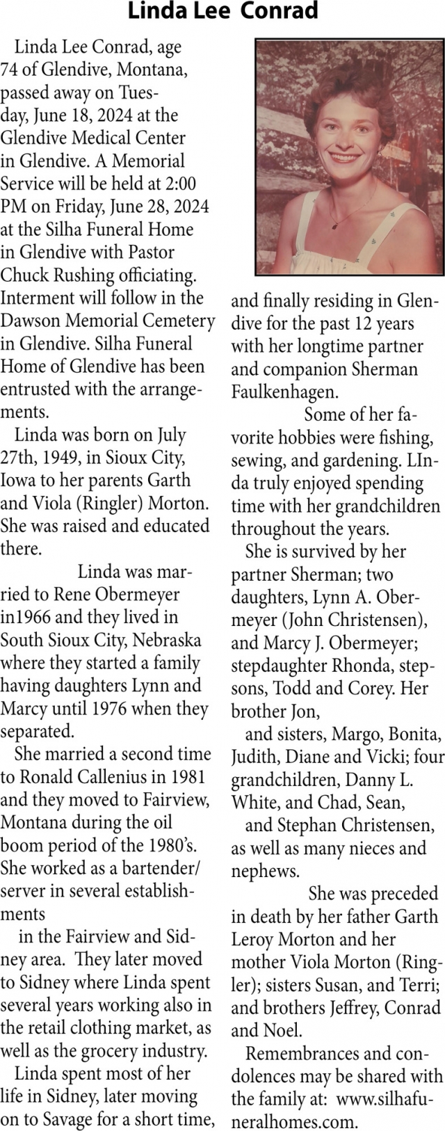 Linda Lee Conrad, Obituaries, Glendive, MT