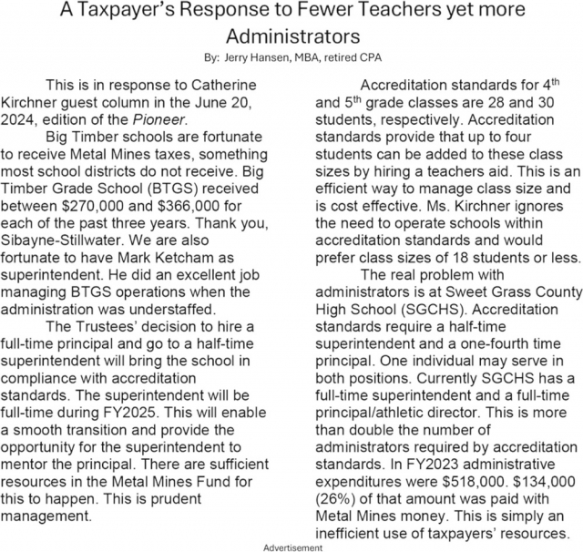 a Taxpayer's Response to Fewer Teachers Yet More Administrators, Jerry Hansen, Big Timber, MT