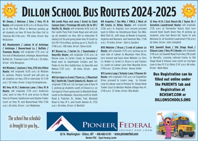 Dillon School Bus Routers 2024-2025, Pioneer Federal Savings and Loan, Deer Lodge, MT