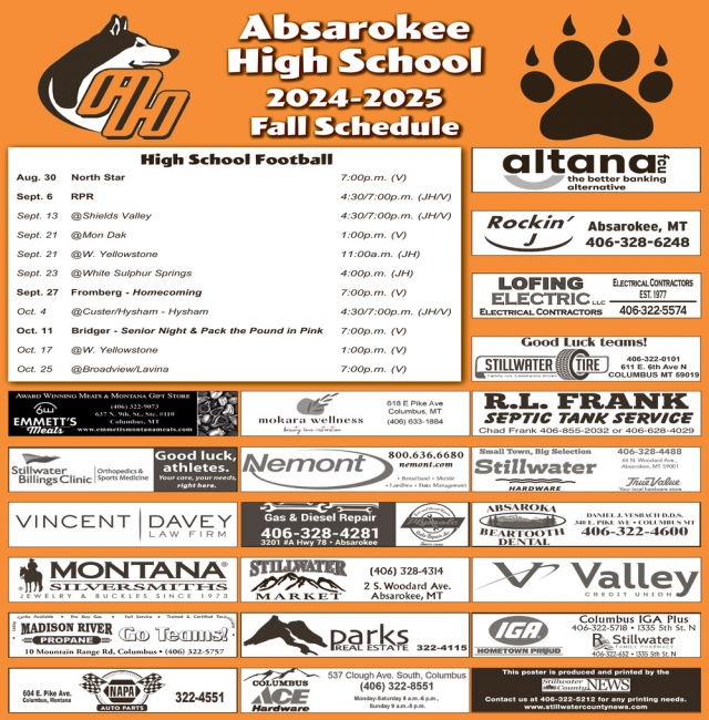 2024-2025 Fall Schedule, Absarokee High School, Absarokee, MT