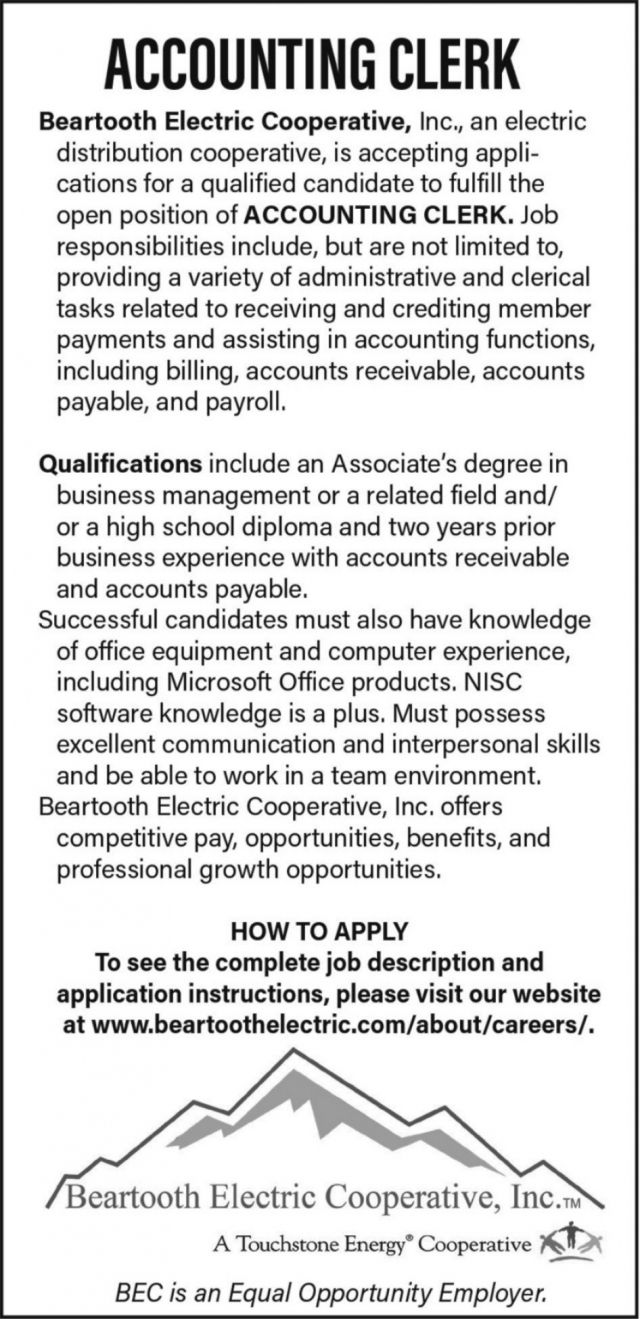 Accounting Clerk, Beartooth Electric Cooperative, Inc., Red Lodge, MT