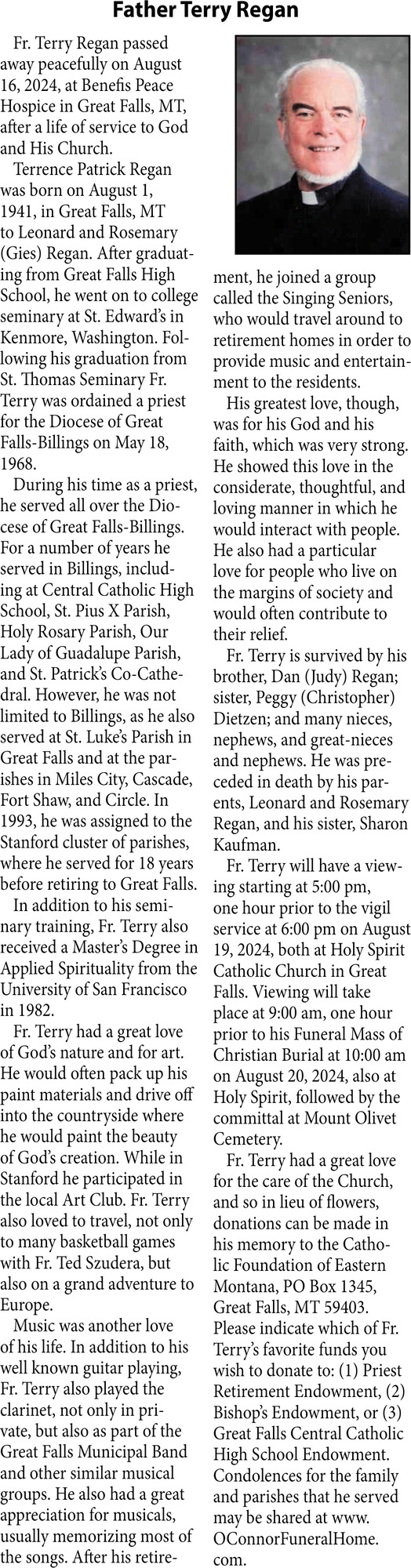 Father Terry Regan, Obituaries, Glendive, MT