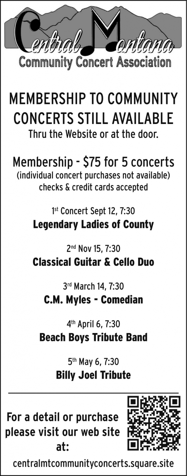 Membership to Community Concerts Still Available, Central Montana Community Concert Association, Lewistown, MT