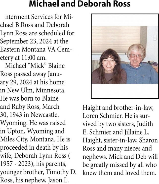 Michael and Deborah Ross, Obituaries, Glendive, MT