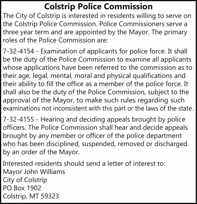 Police Commission, City of Colstrip, Colstrip, MT