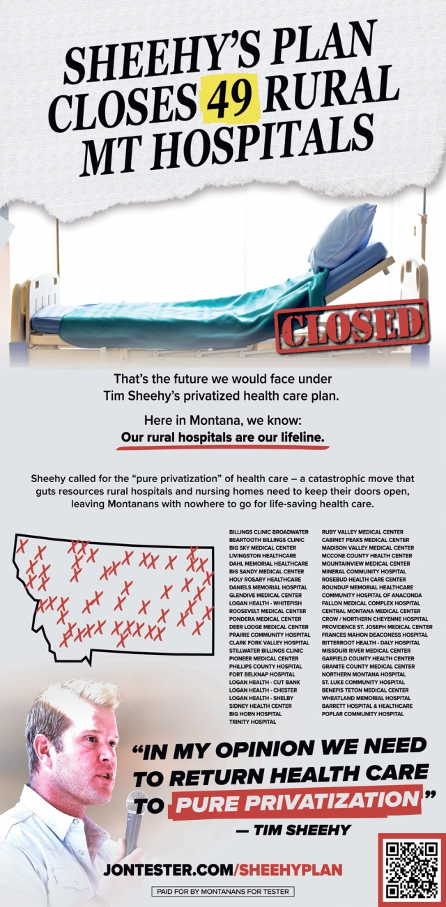 Sheehy's Plan Closes 49 Rural Mt Hospitals, Jon Tester, Helena, MT