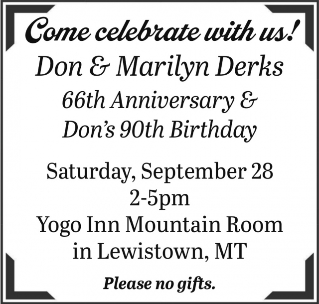 Come Celebrate With Us!, Don & Marilyn Derks 66th Anniversary