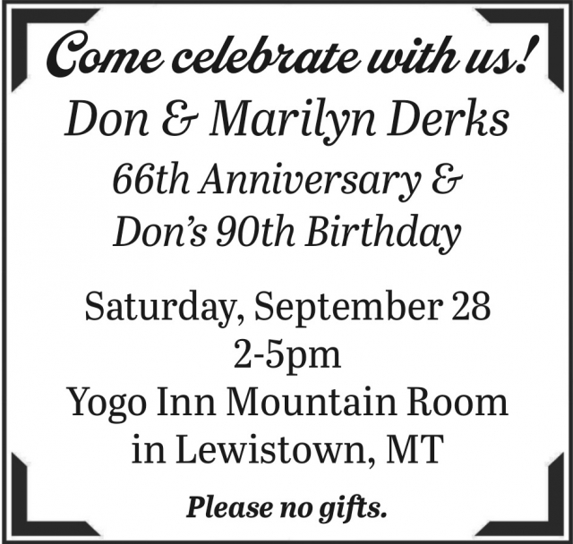 Come Celebrate With Us!, Don & Marilyn Derks 66th Anniversary, Hobson, MT