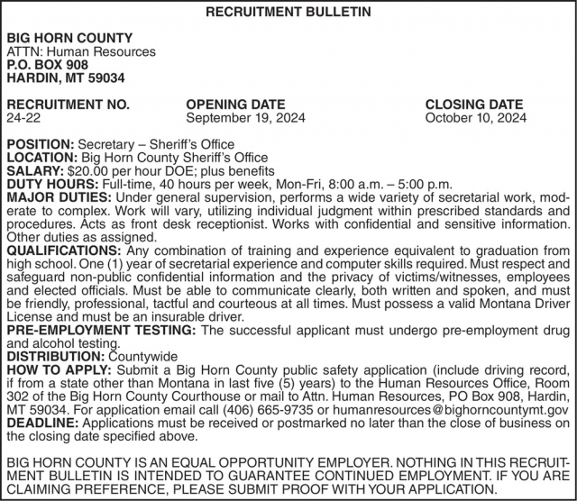 Recruitment Bulletin, Big Horn County, Hardin, MT