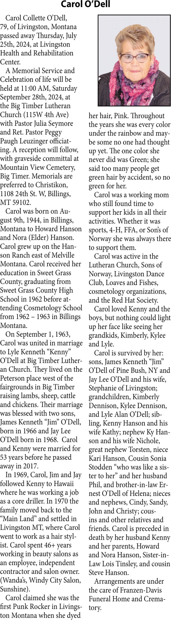 Carol O'Dell, Obituaries, Glendive, MT