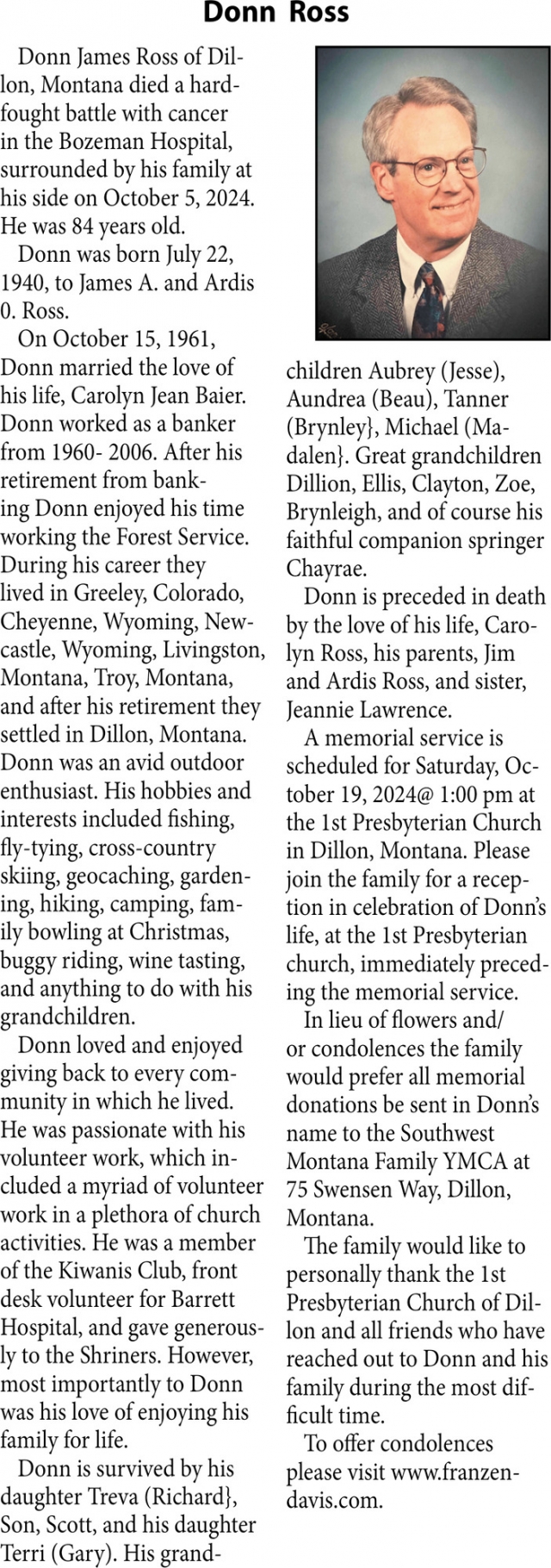 Donn Ross, Obituaries, Glendive, MT