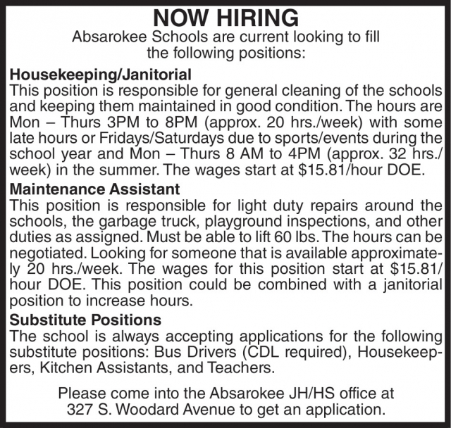 Hiring, Absarokee Elementary School District, Absarokee, MT