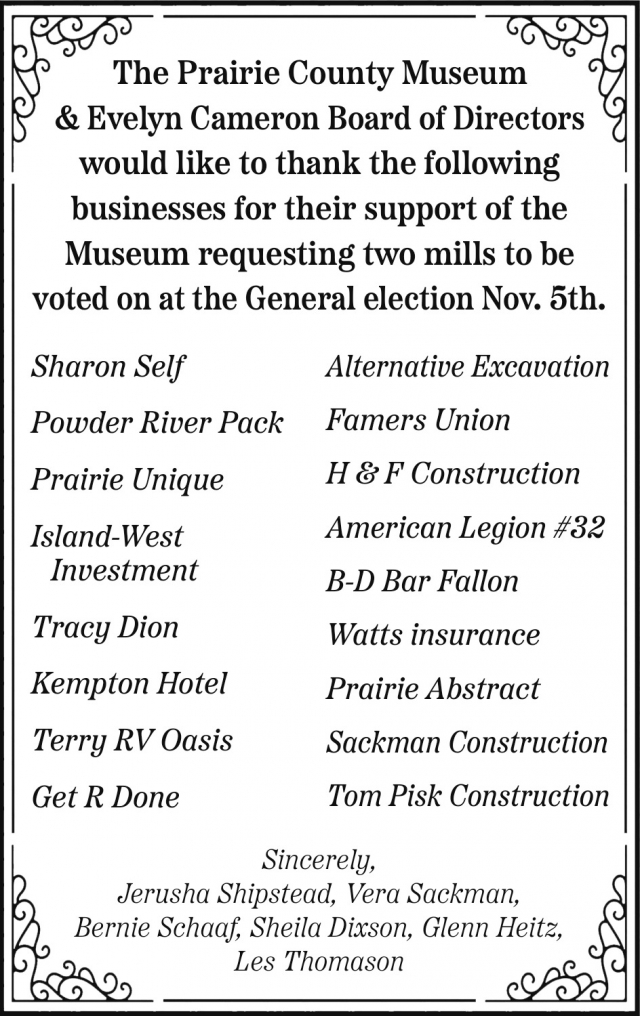 Thank the Following Businesses, Prairie County Museum & Evelyn Cameron Gallery, Terry, MT