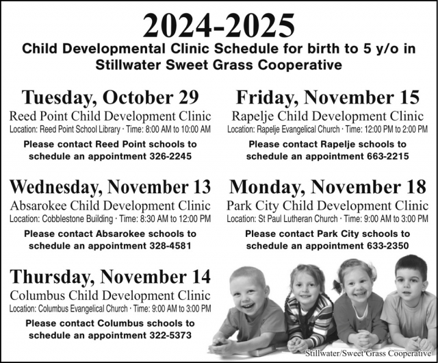 Stillwater Sweet Grass Cooperative, Child Developmental Clinic Schedule (October 29 - November 18, 2024)