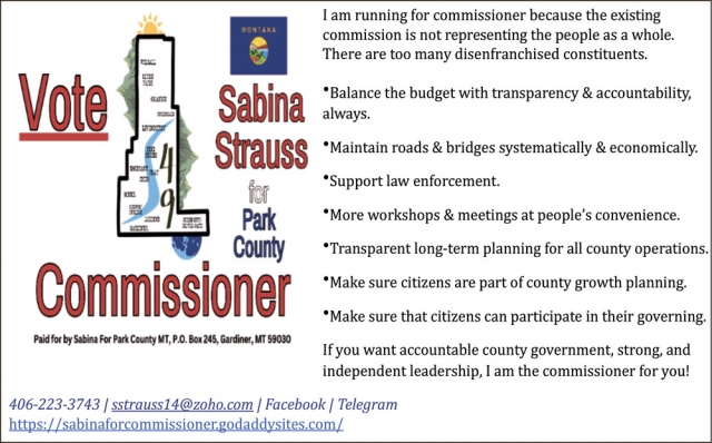 Vote Sabina Strauss for Park County Commissioner, Sabina Strauss, Gardiner, MT