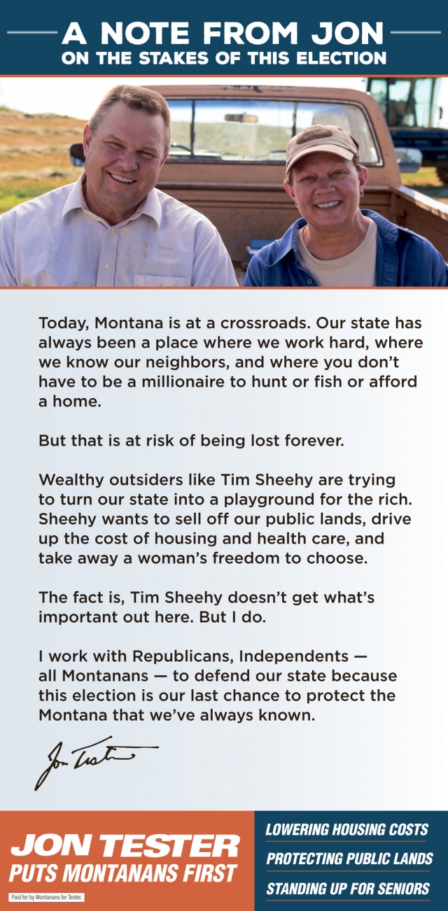 A Note from Jon on The Stakes of This Election, Jon Tester, Helena, MT