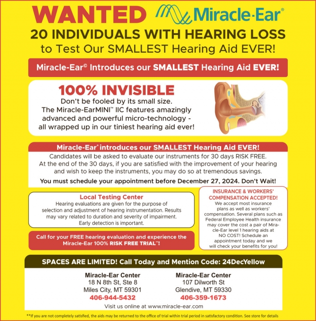 Wanted 20 Individuals with Hearing Loss,  Miracle-Ear / Miles City - Glendive, Glendive, MT