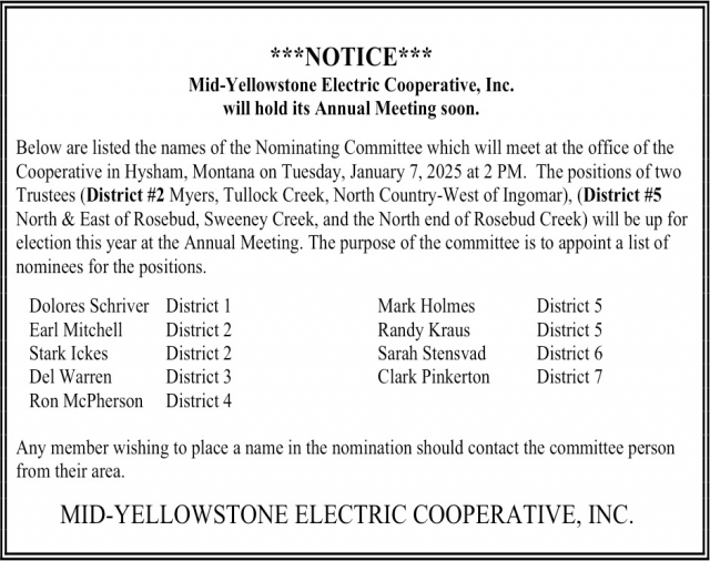 Notice, Mid-Yellowstone Electric Cooperative Annual Meeting at Rosebud/Treasure County Fairgrounds, Forsyth, MT