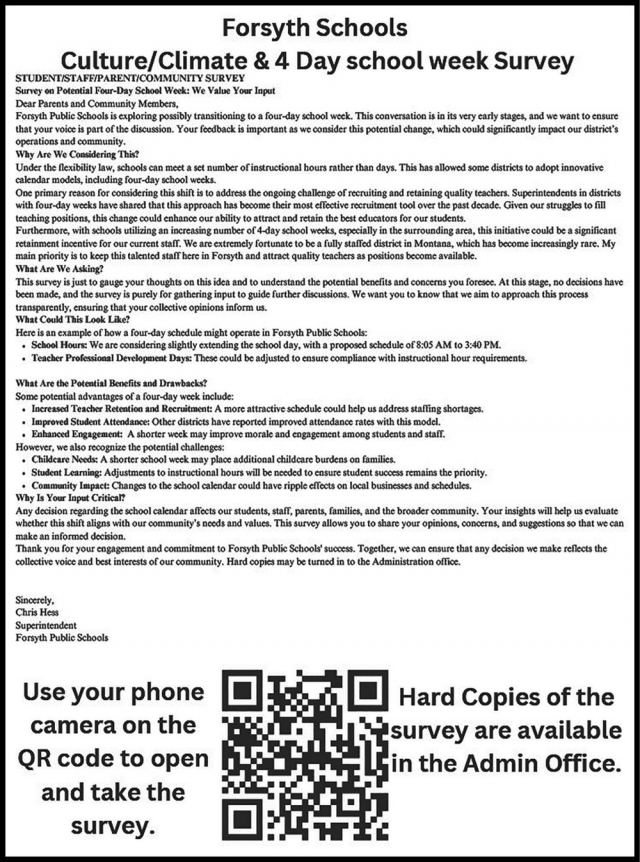 Culture/Climate & 4 Day School Week Survey, Forsyth School District #4, Forsyth, MT