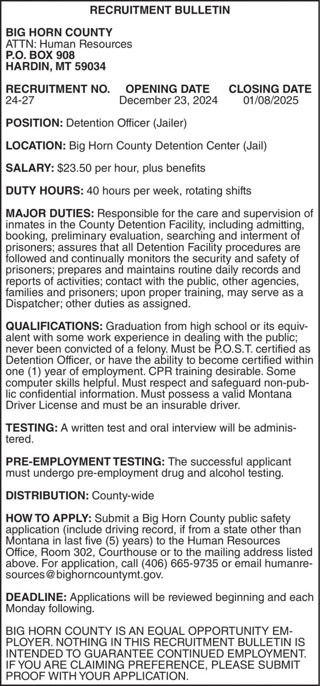 Recruitment Bulletin, Big Horn County, Hardin, MT