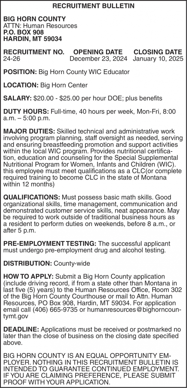 Recruitment Bulletin, Big Horn County, Hardin, MT