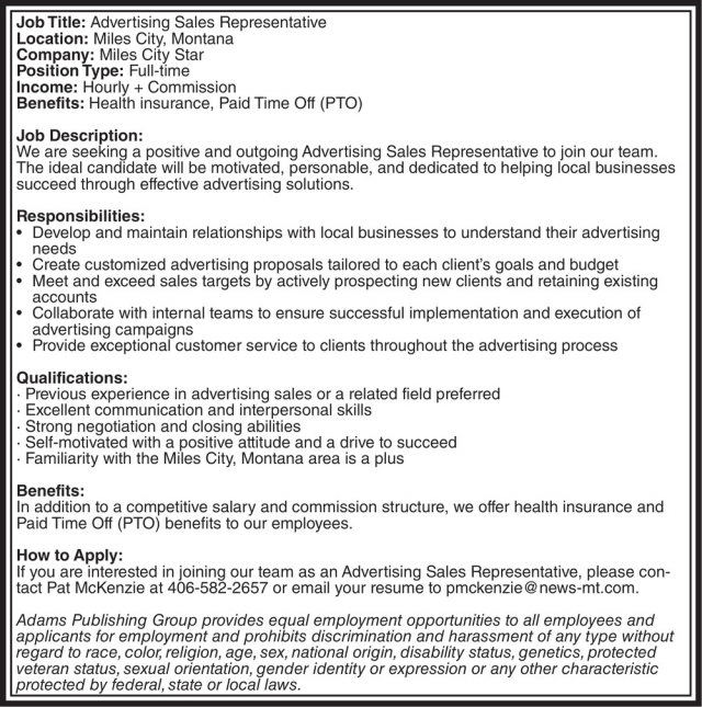 Advertising Sales Representative, Miles City Star