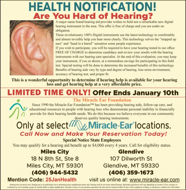 Health Notification!,  Miracle-Ear / Miles City - Glendive, Glendive, MT