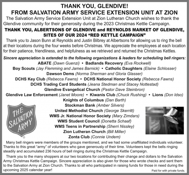 Thank You, Glendive!, Miles City Salvation Army, Miles City, MT