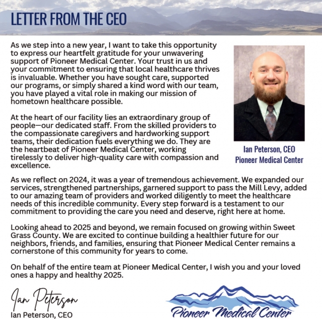 Letter From the CEO, Pioneer Medical Center, Big Timber, MT