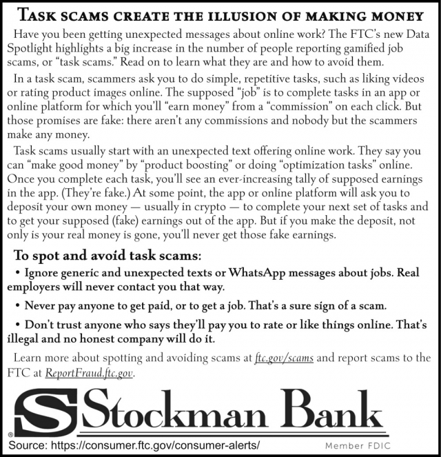 Task Scams Create the Illusion of Making Money, Stockman Bank