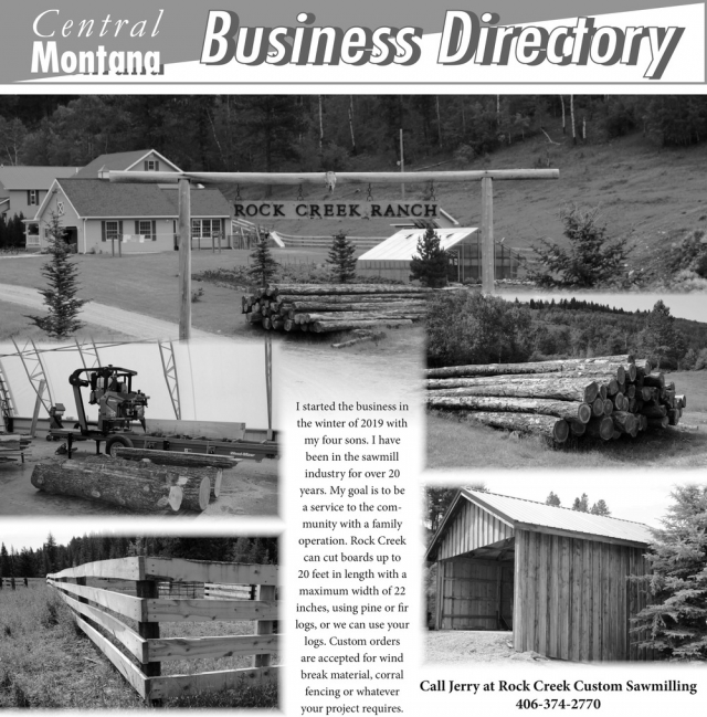 Business Directory, Rock Creek Custom Sawmilling, Moore, MT