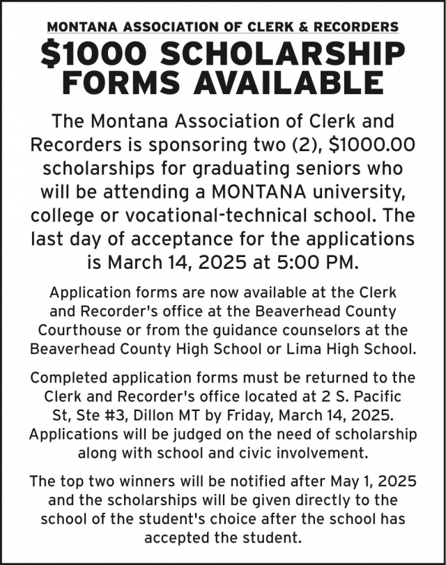 $1000 Scholarship Forms Available, Montana Association of Clerk & Recorders