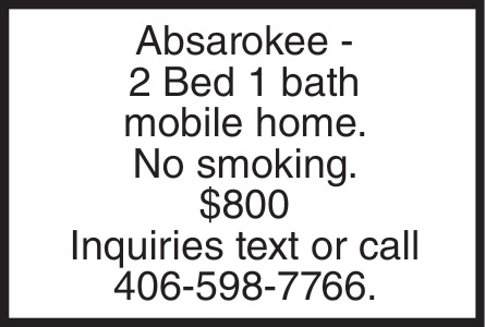 Absarokee - 2 Bed 1 Bath Mobile Home, 406-598-7766