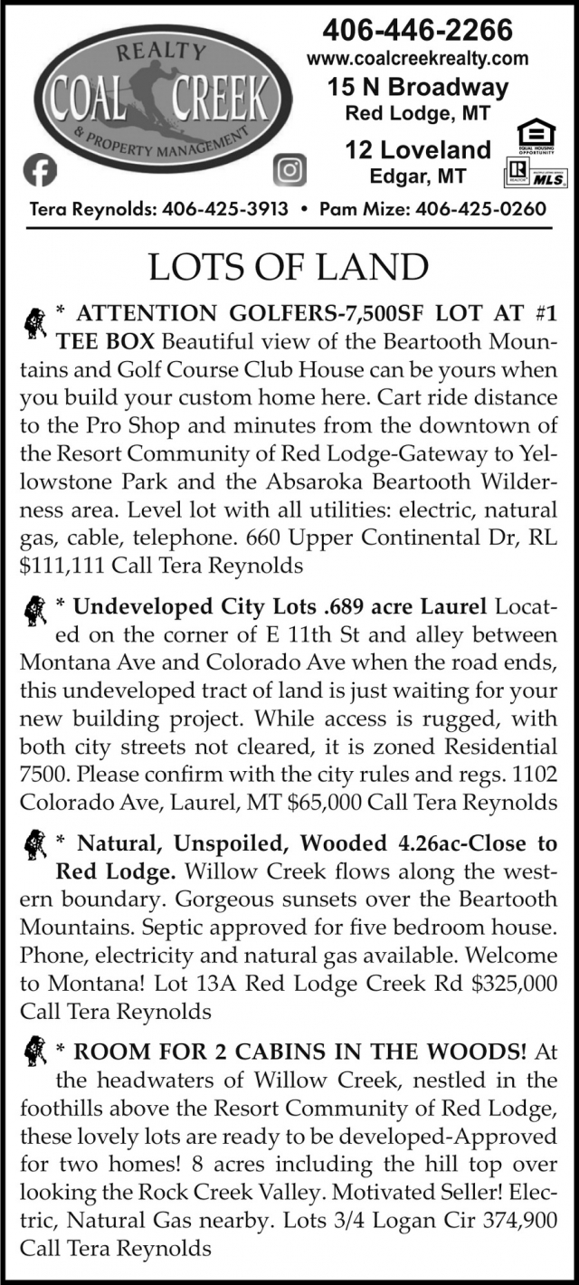 Lots of Land, Coal Creek Realty & Property Management, Edgar, MT