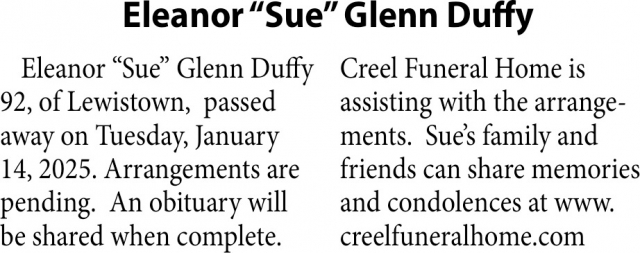 Eleanor "Sue" Glenn Duffy, Obituaries, Glendive, MT