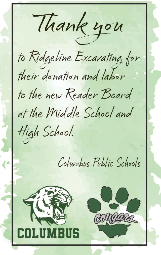 Thank You to Ridgeline Excavators, Columbus Public Schools, Columbus, MT