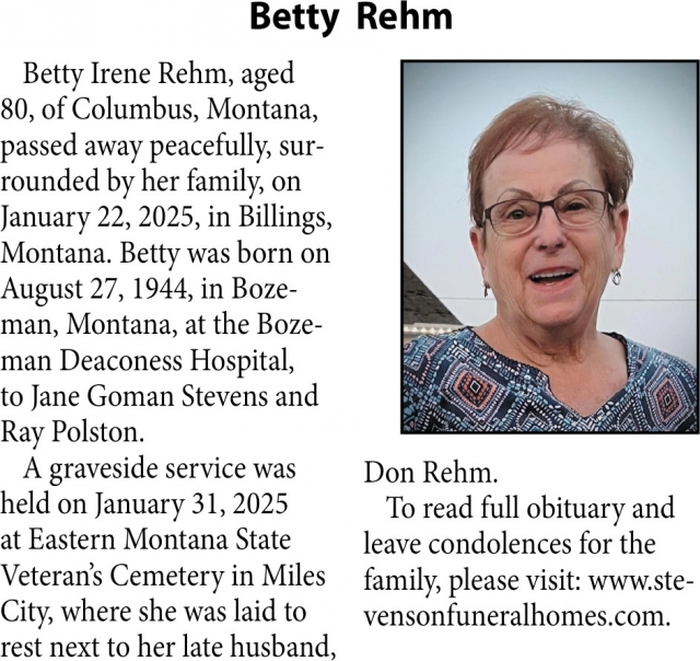 Betty Rehm, Obituaries, Glendive, MT