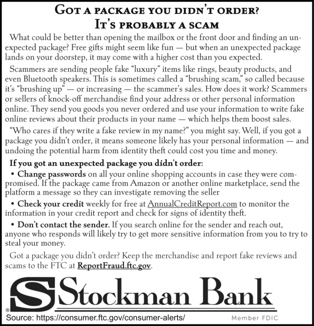 Got a Package You Didn't Order? It's Probably a Scam, Stockman Bank