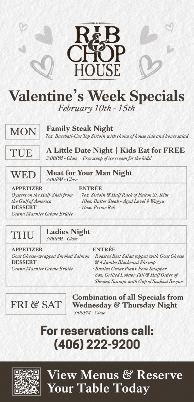 Valentine's Week Specials, Rib & Chop House - Livingston, Livingston, MT