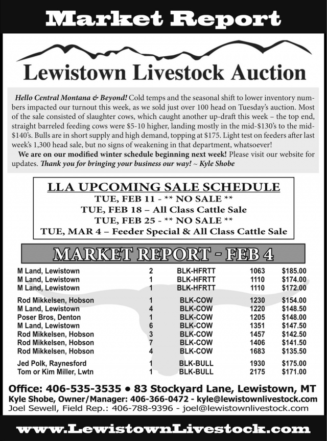 Market Report, Lewistown Livestock Auction, Lewistown, MT