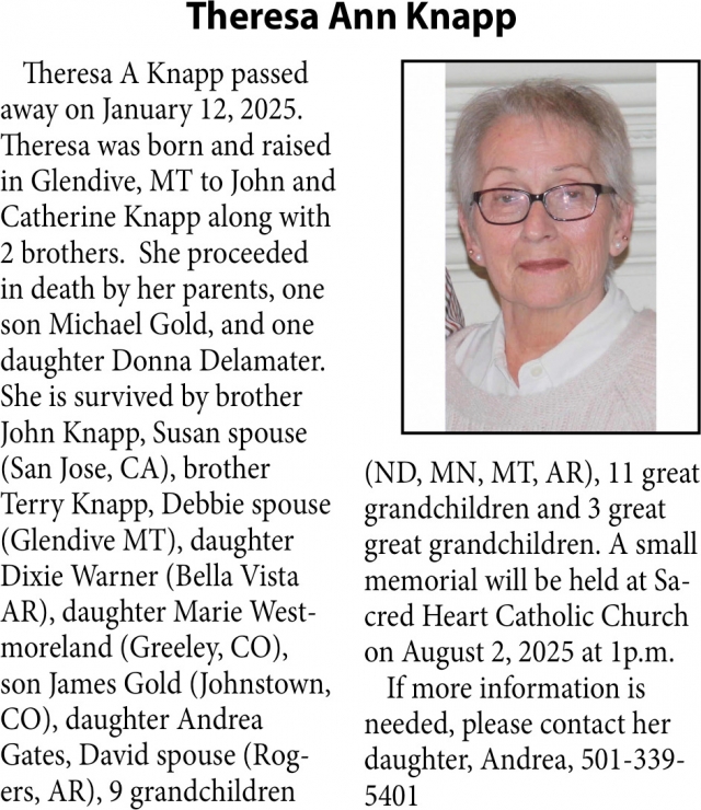 Theresa Ann Knapp, Obituaries, Glendive, MT