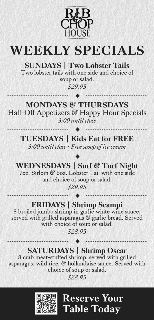 Weekkly Specials, Rib & Chop House - Livingston, Livingston, MT